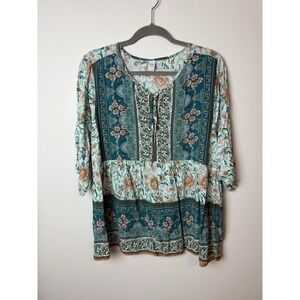 Brown Coco Bohemian Blue Print Top 3/4 Sleeve 2XL US
